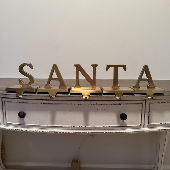 Vintage Gold Brass Letters SANTA Mantel Hook Stocking Holder Hanger 5 pc Set